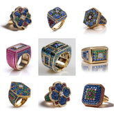 LR_002 : Creative Concept, 750+ Ladies Ring – Sapphire Blooms & Emerald Hexagons: A Kaleidoscopic Collection of Multicolored Gemstone Statement Rings